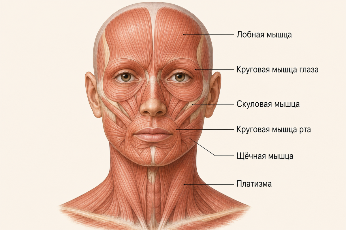 Анатомия поверхностных мимических мышц лица: схема для кинезиотерапии