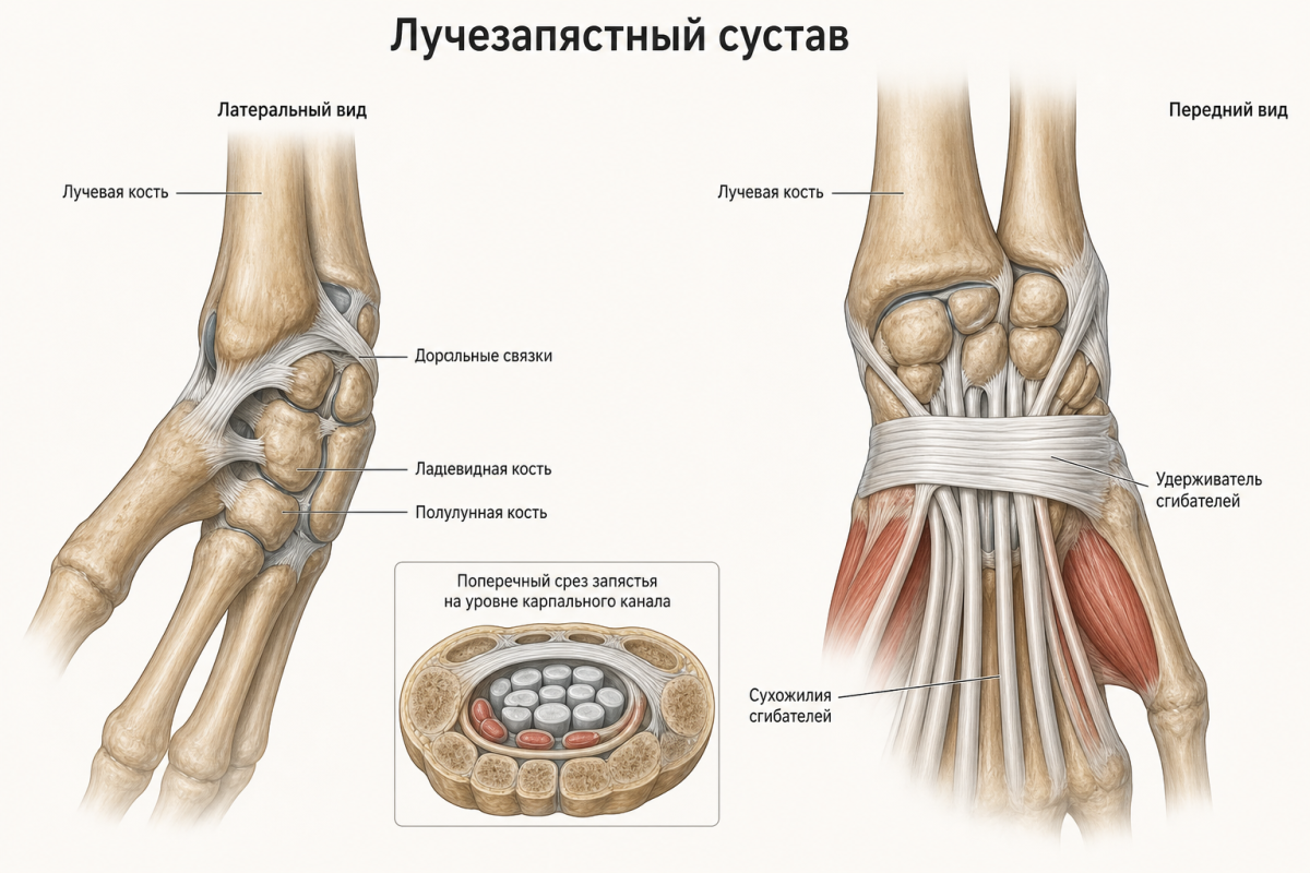 Анатомия лучезапястного сустава: кости запястья, связки и карпальный канал
