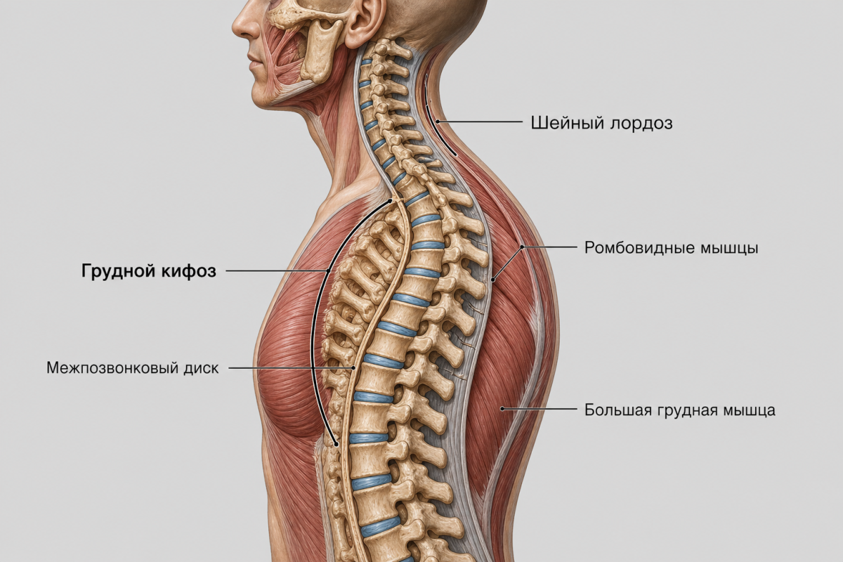Анатомия позвоночника при сутулости: грудной кифоз и мышечный дисбаланс
