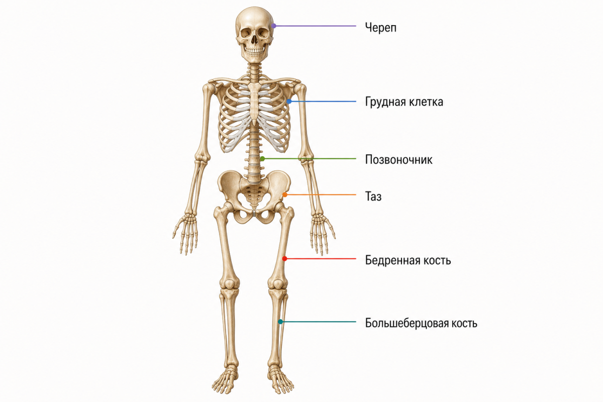 Анатомическая иллюстрация костной системы человека с подписями на русском
