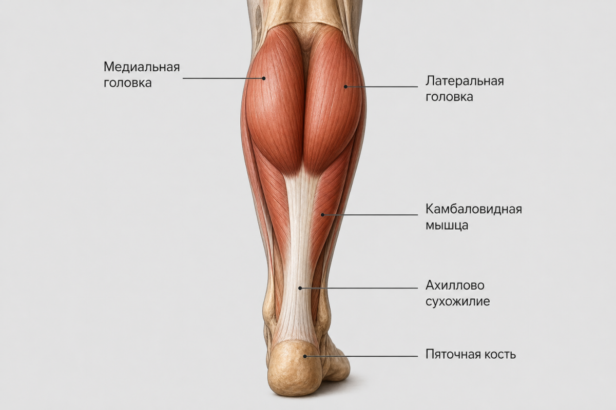 Анатомия икроножной мышцы: медиальная и латеральная головки, ахиллово сухожилие
