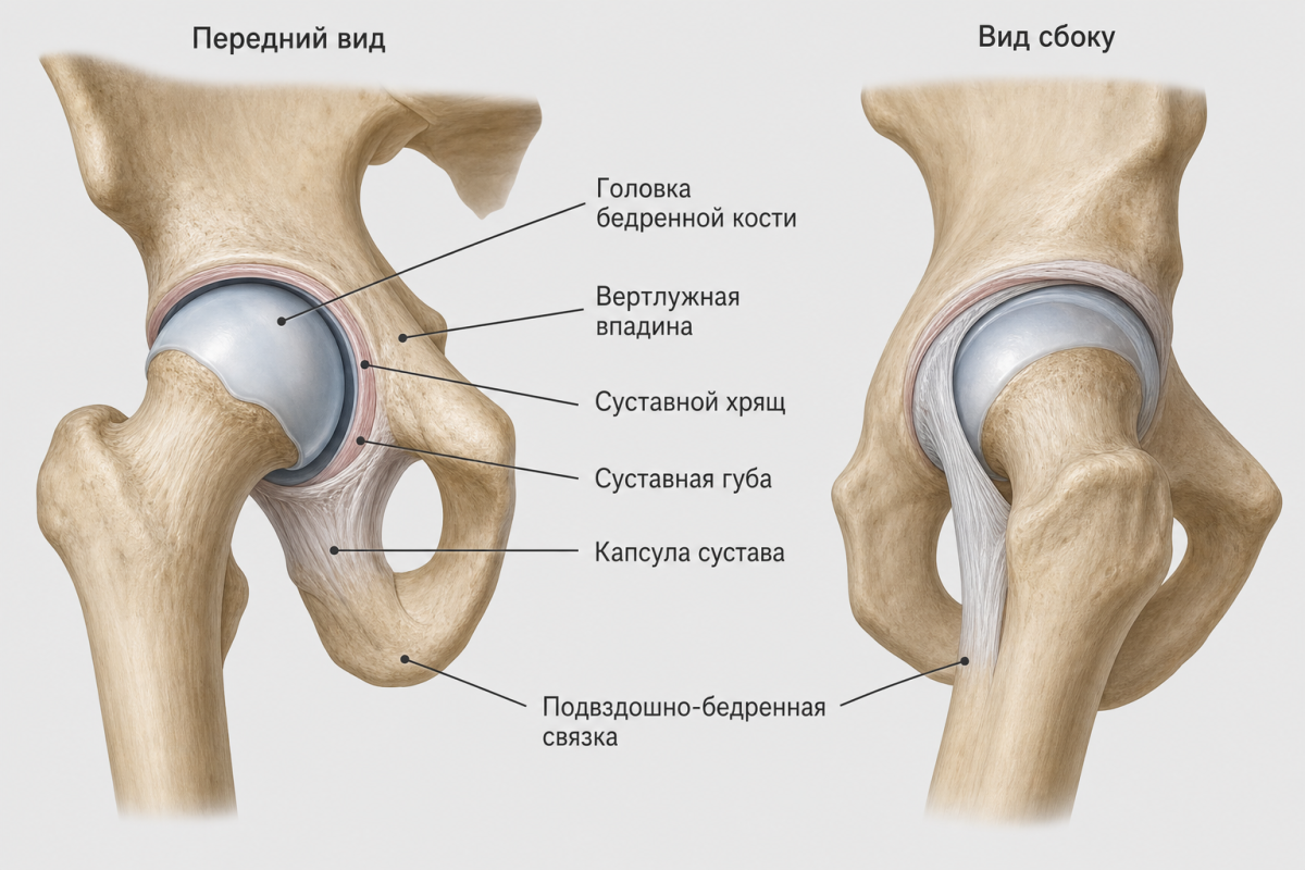 Анатомия тазобедренного сустава: головка бедра, вертлужная впадина и связки