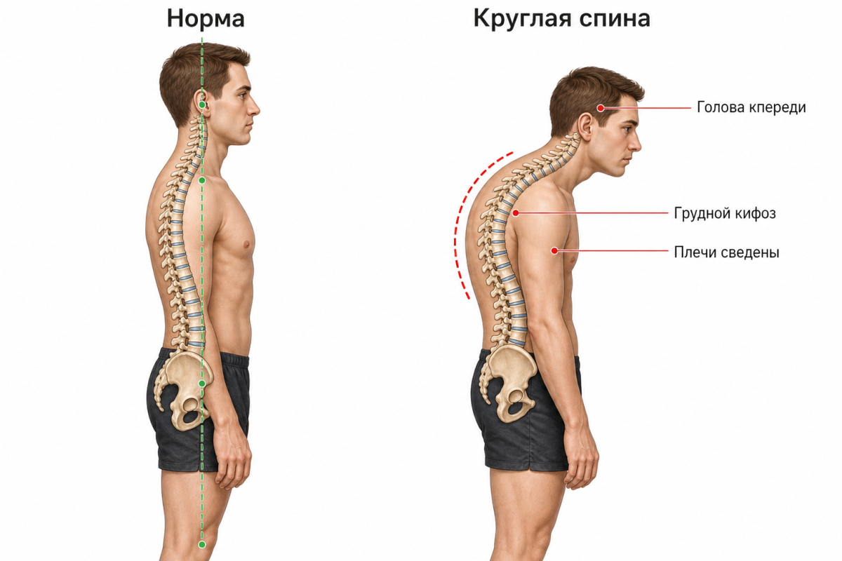 Сравнение нормальной осанки и деформации позвоночника по типу круглой спины