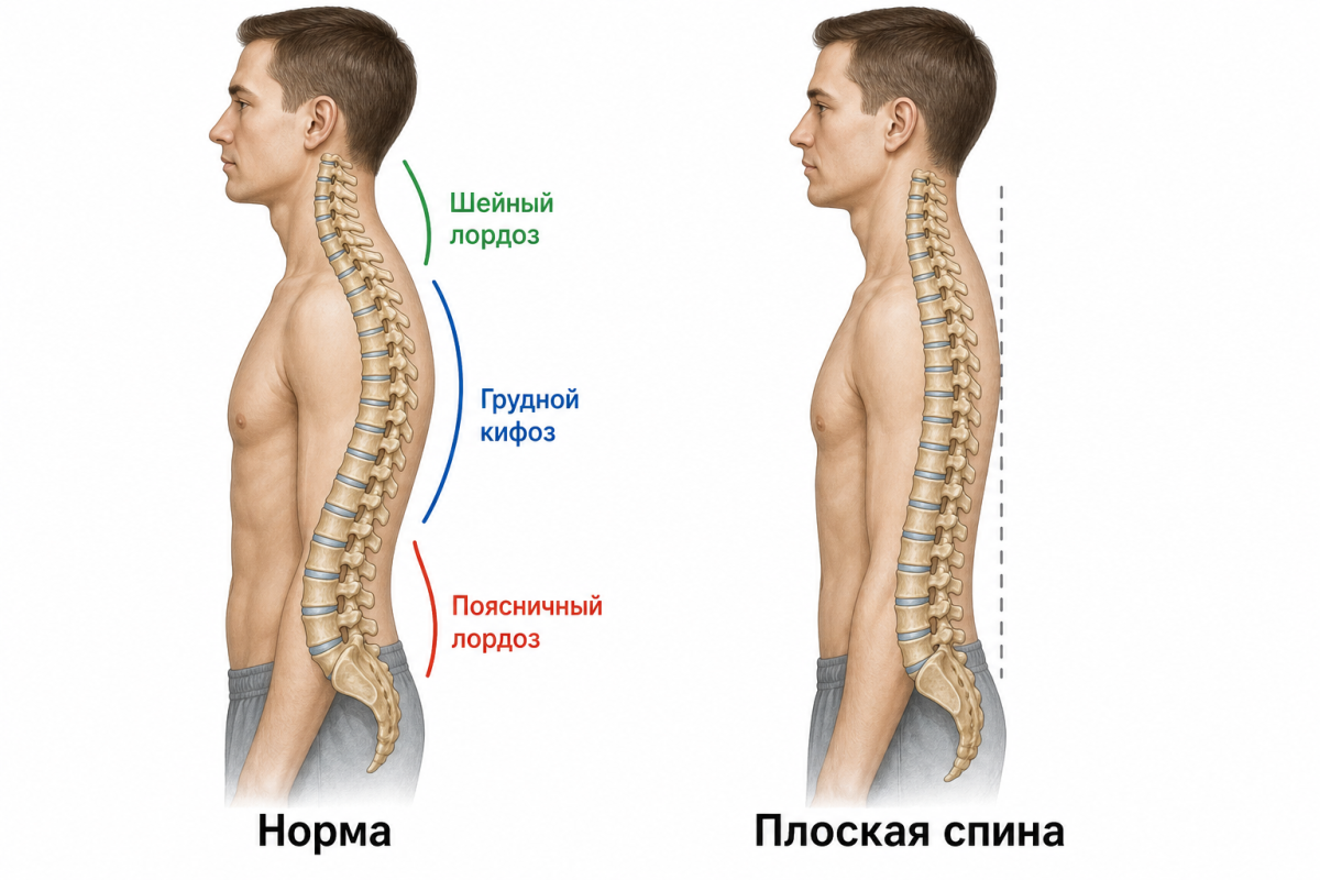 Анатомическая иллюстрация позвоночника: норма и плоская спина сравнение