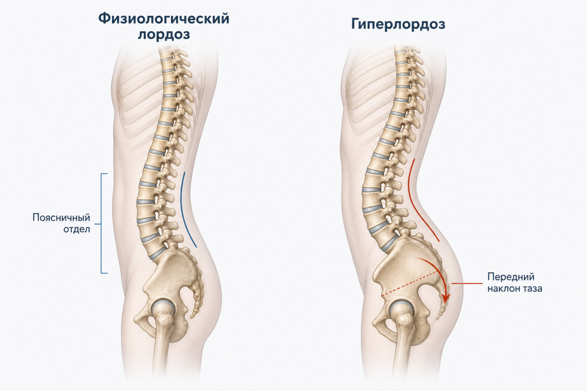 Сравнение физиологического и патологического поясничного лордоза позвоночника
