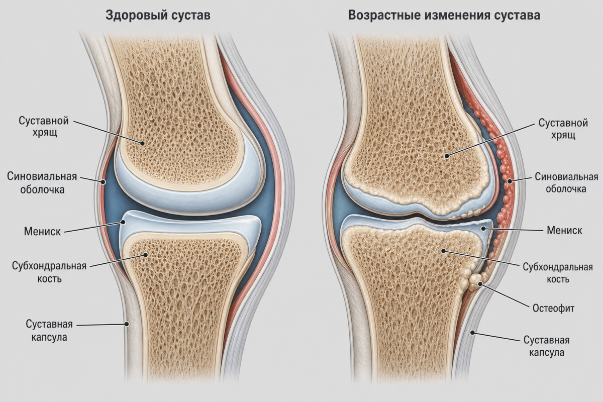 Анатомия коленного сустава: возрастные изменения хряща и субхондральной кости