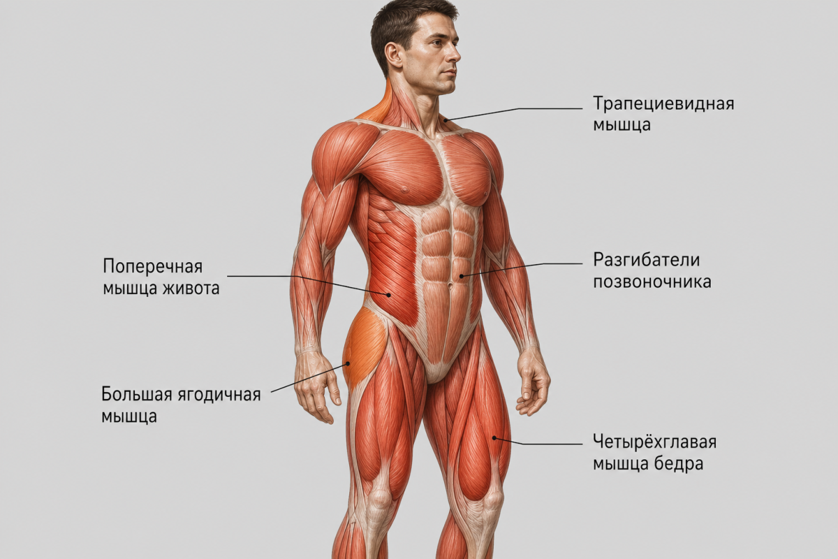Анатомическая иллюстрация основных мышечных групп для силовой тренировки всего тела