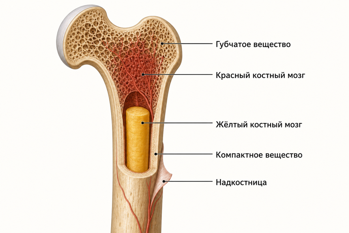 Анатомия бедренной кости: строение красного и жёлтого костного мозга