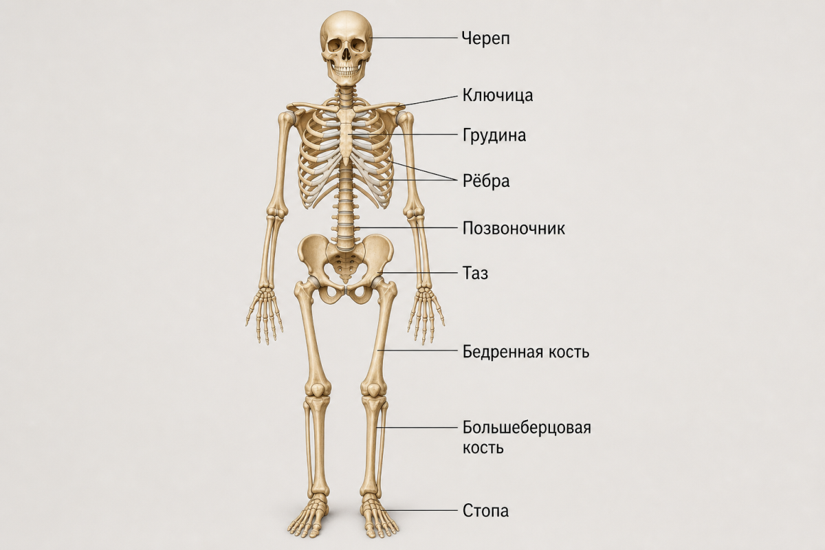 Анатомическая иллюстрация скелета человека: строение и основные кости