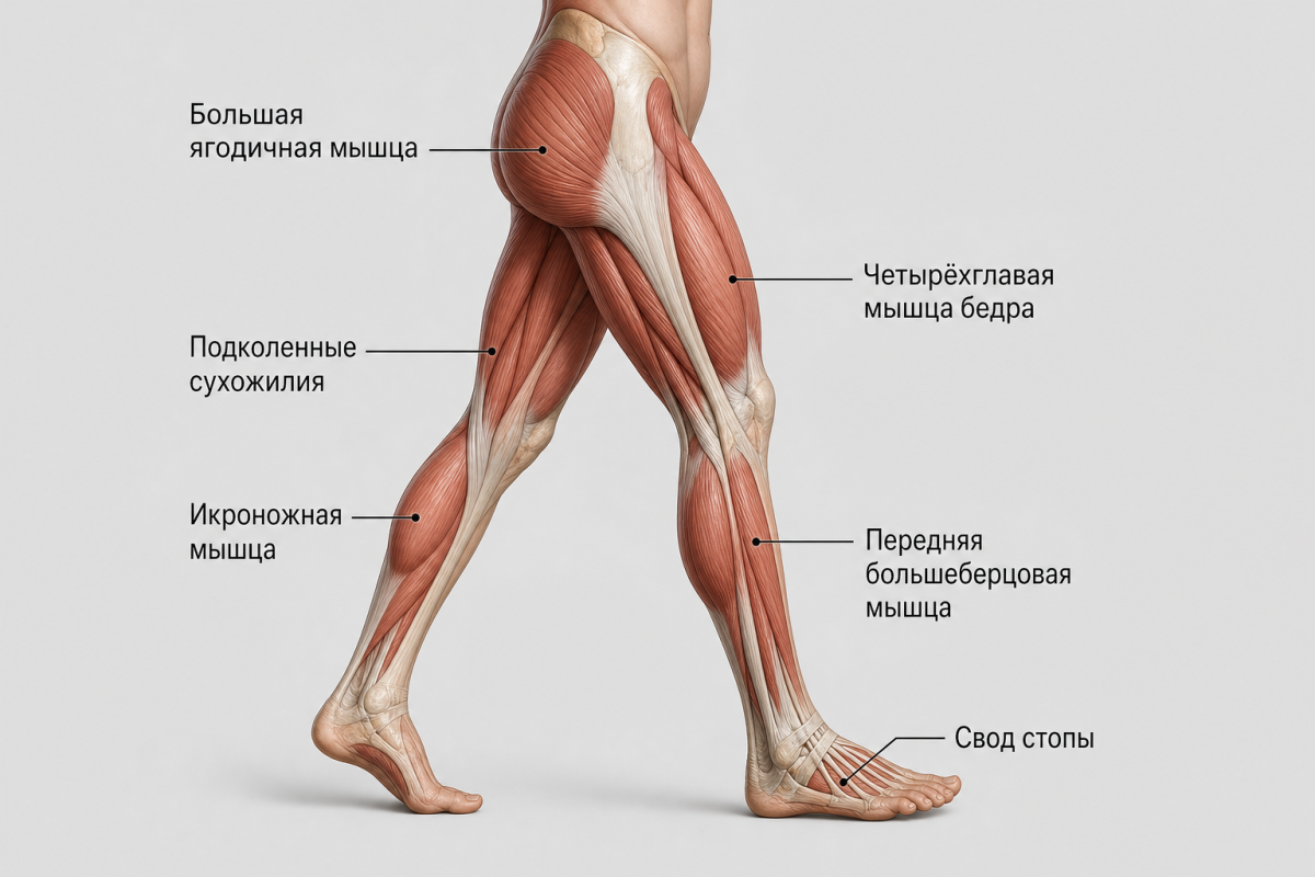 Анатомия мышц нижних конечностей, задействованных при спортивной ходьбе