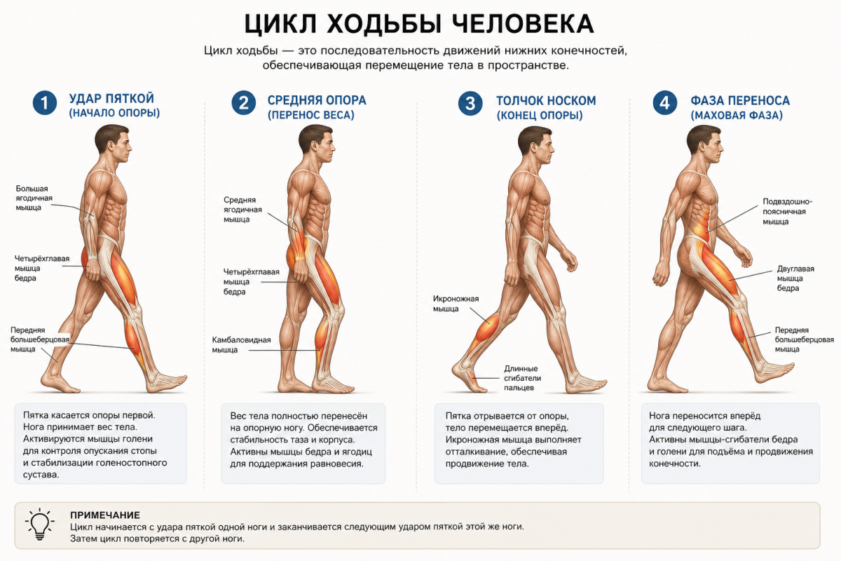 Фазы шагового цикла при нормальной ходьбе: анатомическая схема этапов