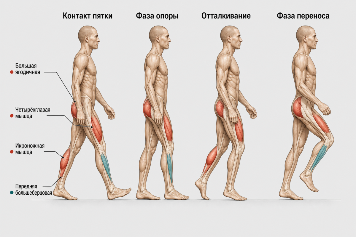 Анатомическая схема шагового цикла: фазы ходьбы и активные мышечные группы