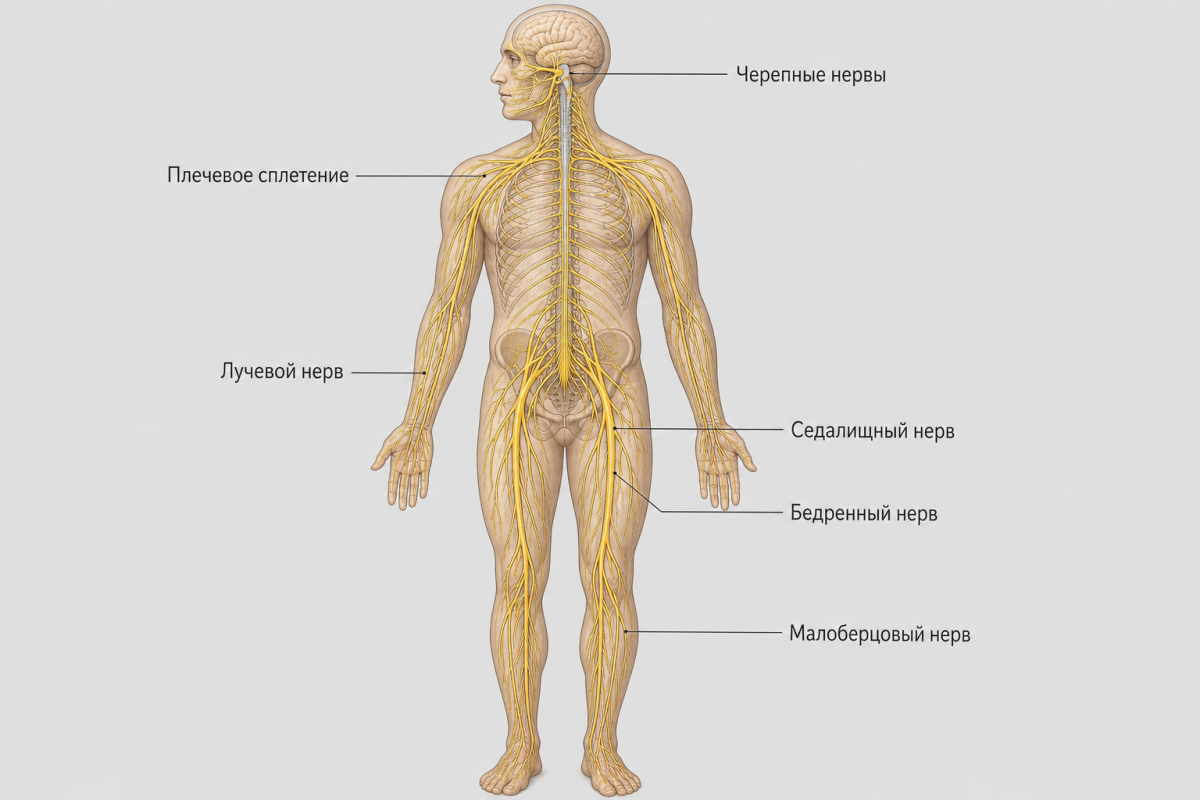 Анатомическая схема периферической нервной системы человека с основными нервами и сплетениями