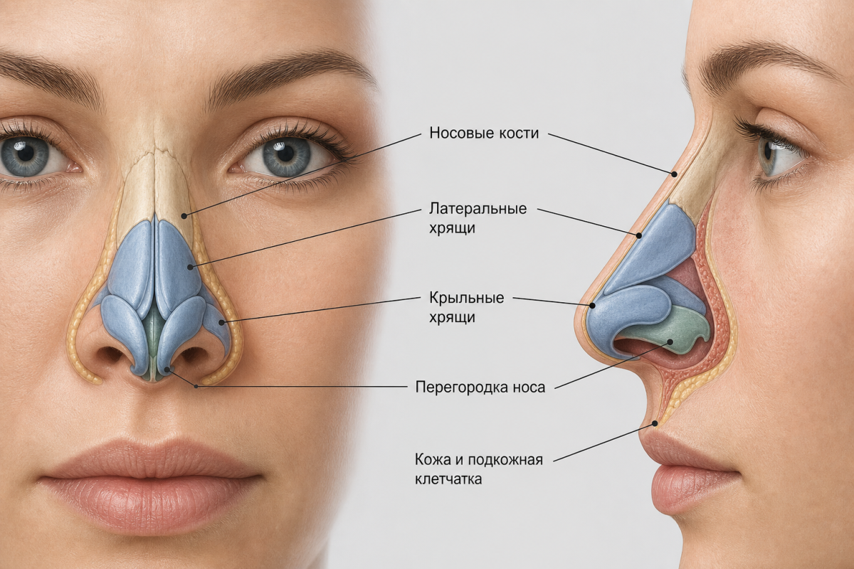 Анатомия наружного носа: костные и хрящевые структуры в разрезе