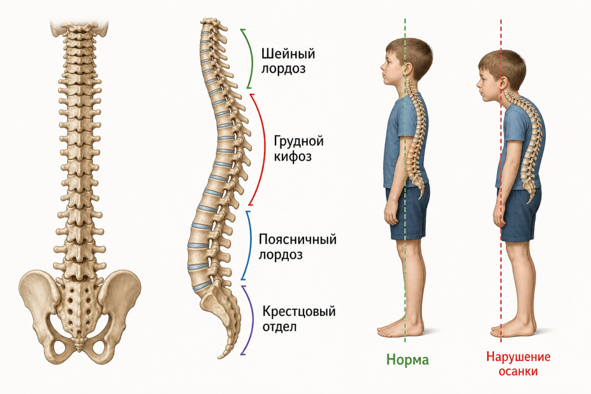 Анатомия позвоночника ребёнка: физиологические изгибы и нарушение осанки