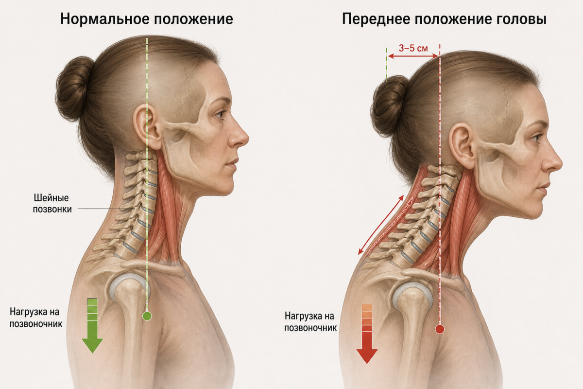 Сравнение нормального и переднего положения головы: анатомическая иллюстрация