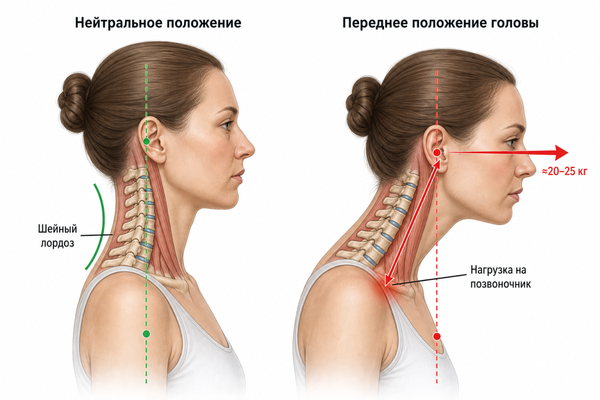 Сравнение нейтрального и переднего положения головы при синдроме компьютерной шеи