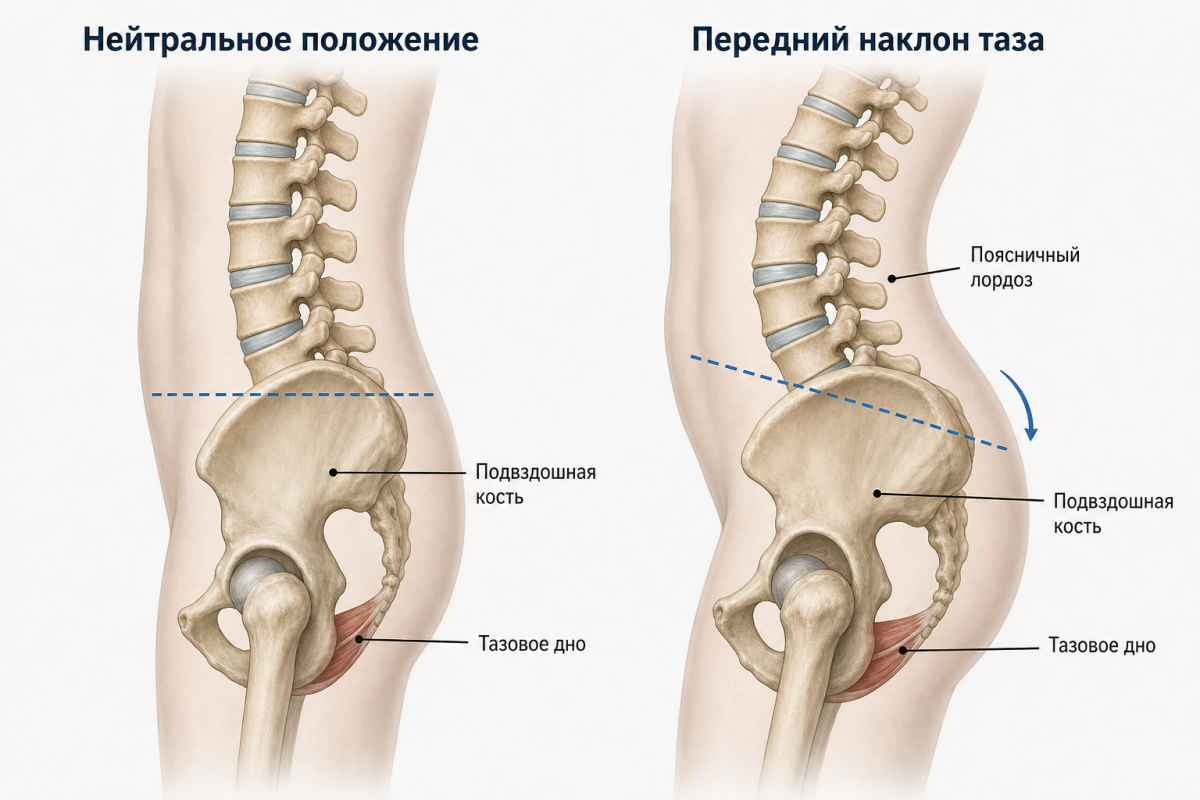 Анатомическая иллюстрация переднего наклона таза и антеверсии тазового кольца