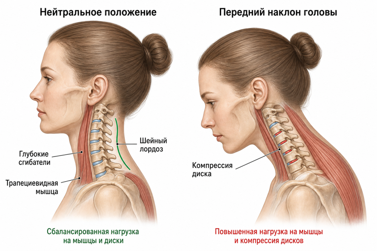 Анатомия синдрома компьютерной шеи: нейтральное и патологическое положение головы