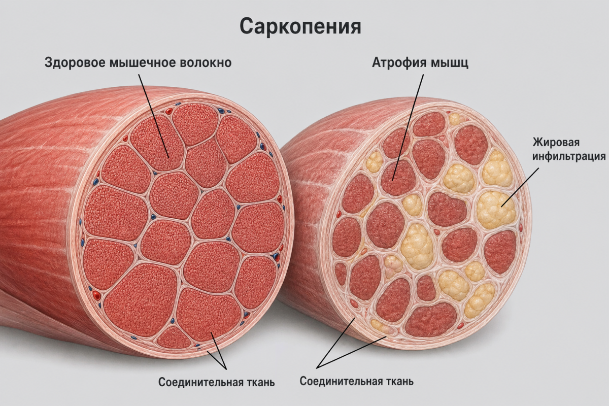 Сравнение здоровой мышечной ткани и саркопении: атрофия мышечных волокон с возрастом
