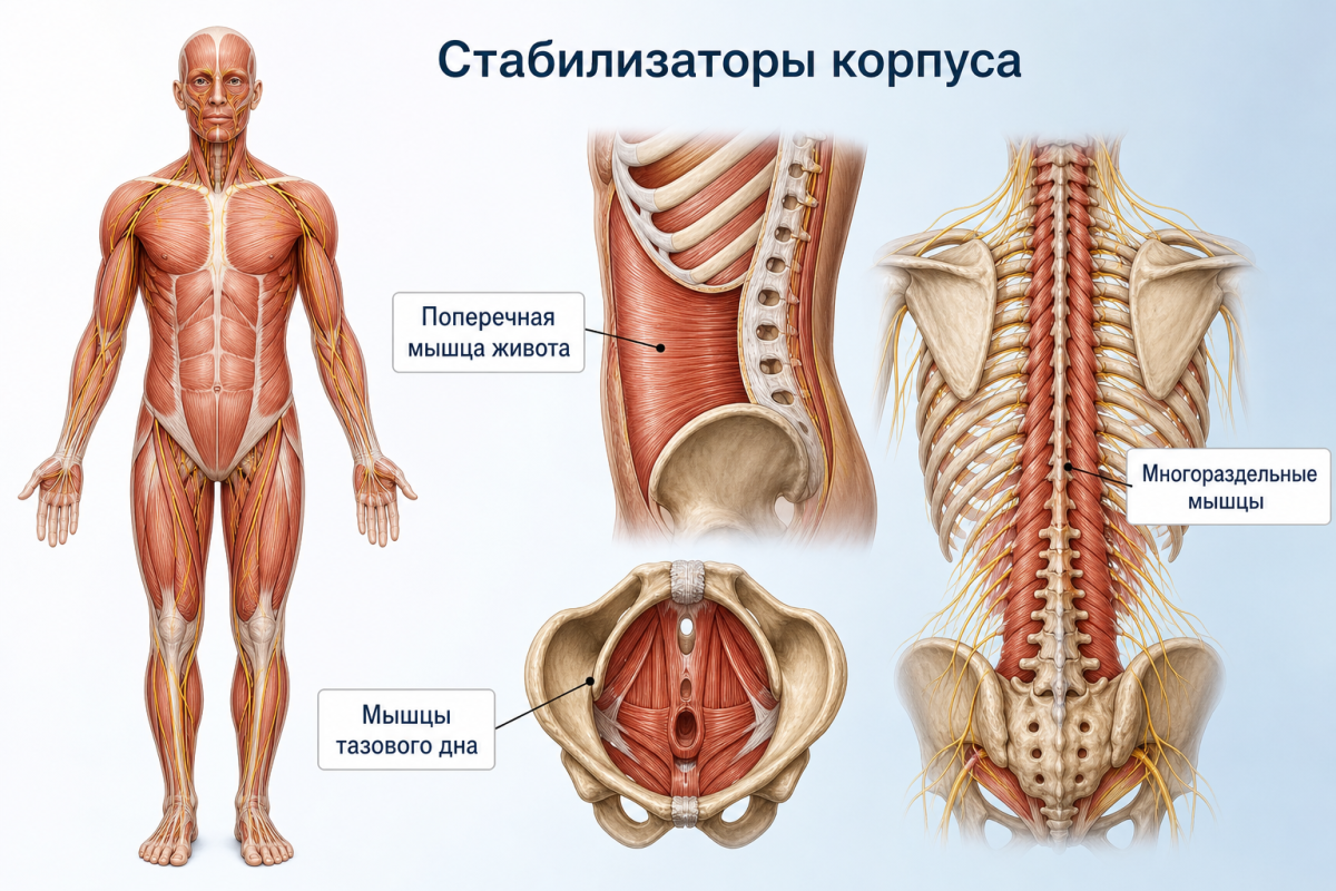 Анатомическая иллюстрация глубоких мышц-стабилизаторов корпуса человека