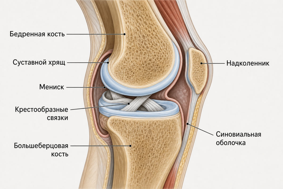 Анатомия коленного сустава: хрящ, мениски и связки в разрезе