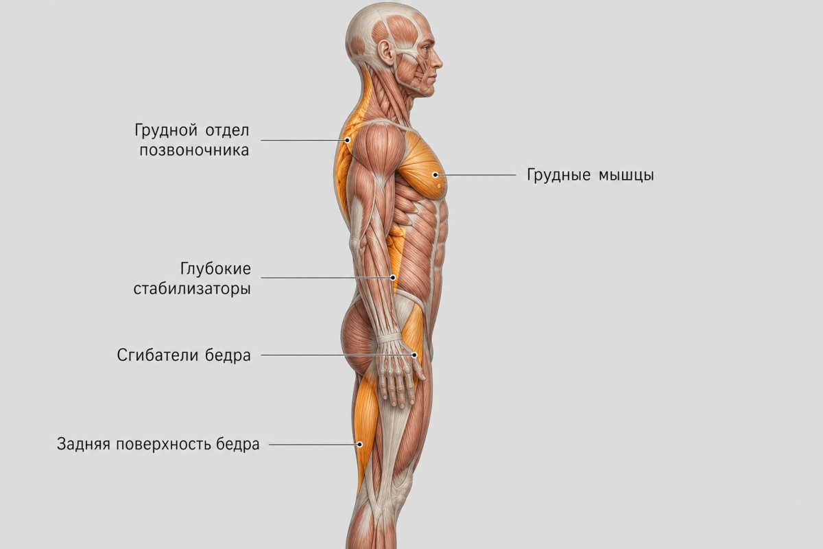 Анатомия мышц с ограниченной гибкостью: сгибатели бедра, задняя поверхность бедра, грудной отдел