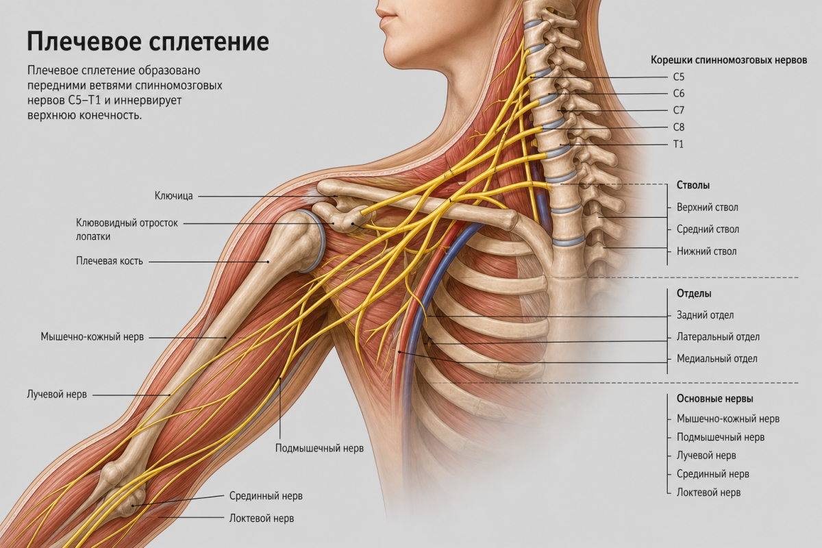 Анатомия нервов руки: плечевое сплетение и пути иннервации при затекании