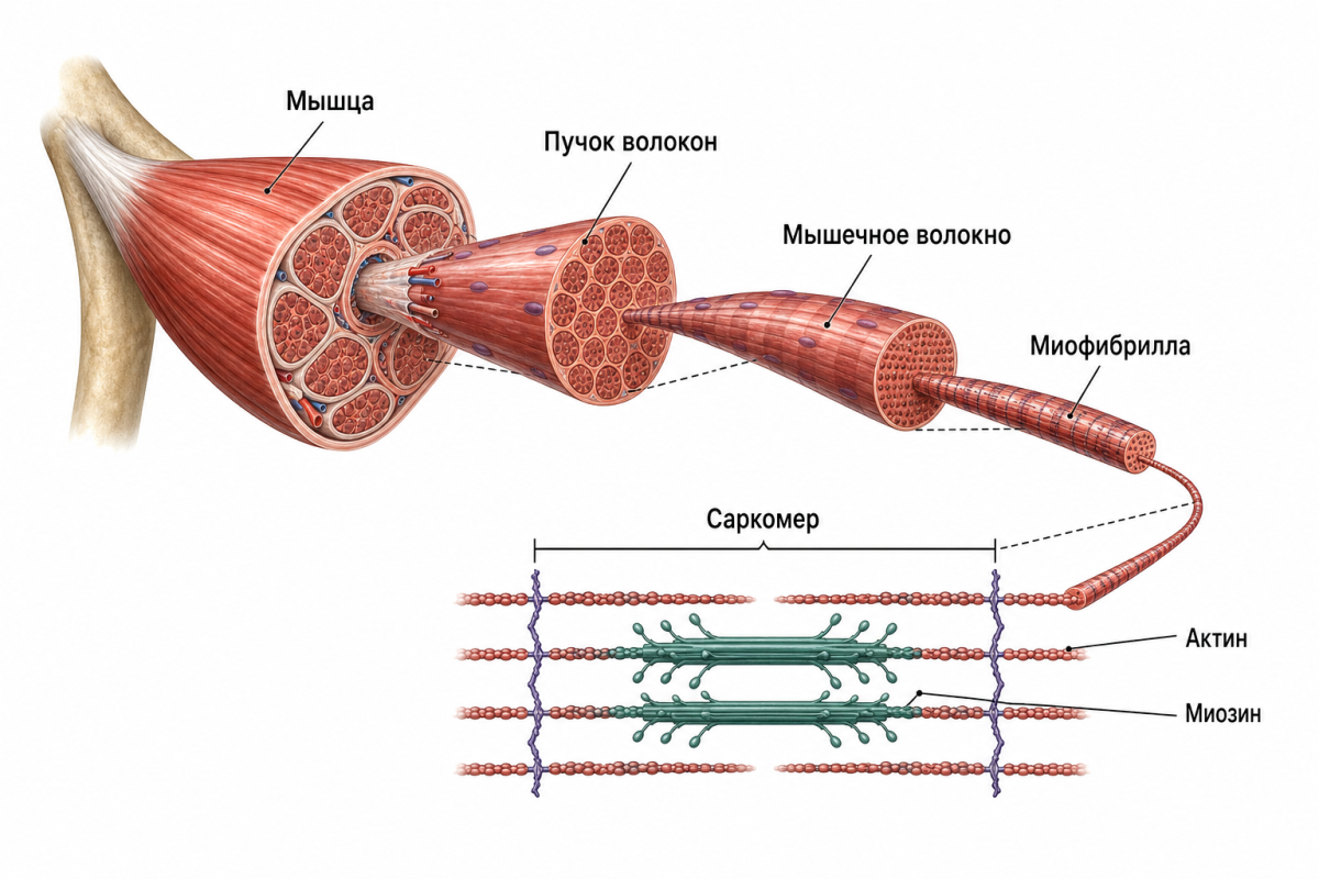 Анатомическая схема строения мышечной ткани: от волокна до саркомера