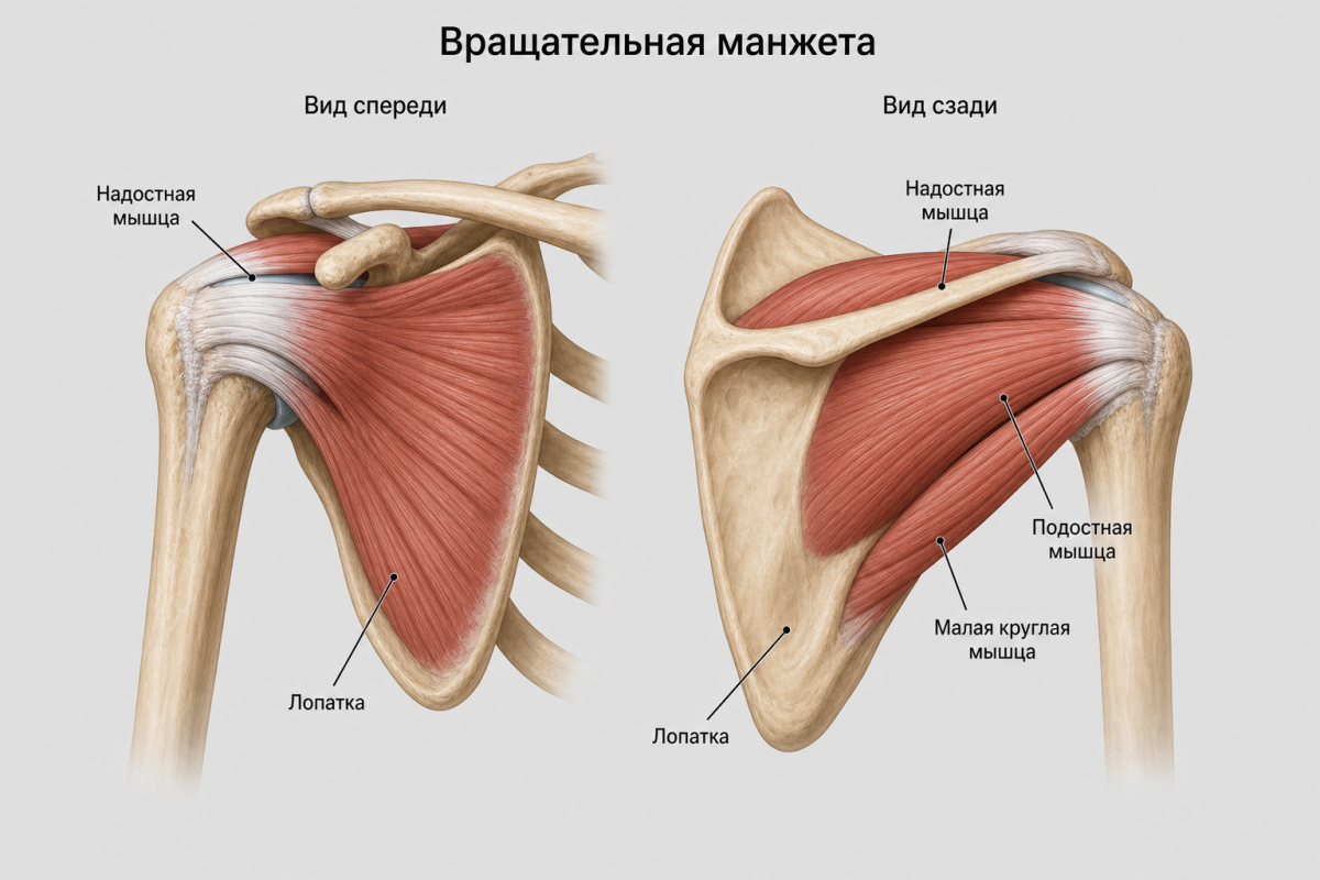 Анатомия плечевого сустава и вращательной манжеты с подписями на русском