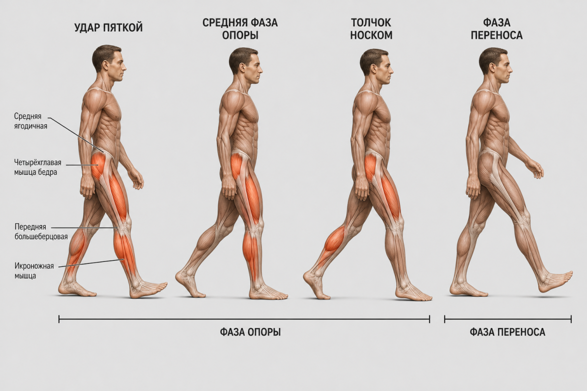 Анатомическая схема цикла ходьбы с основными мышцами и фазами шага