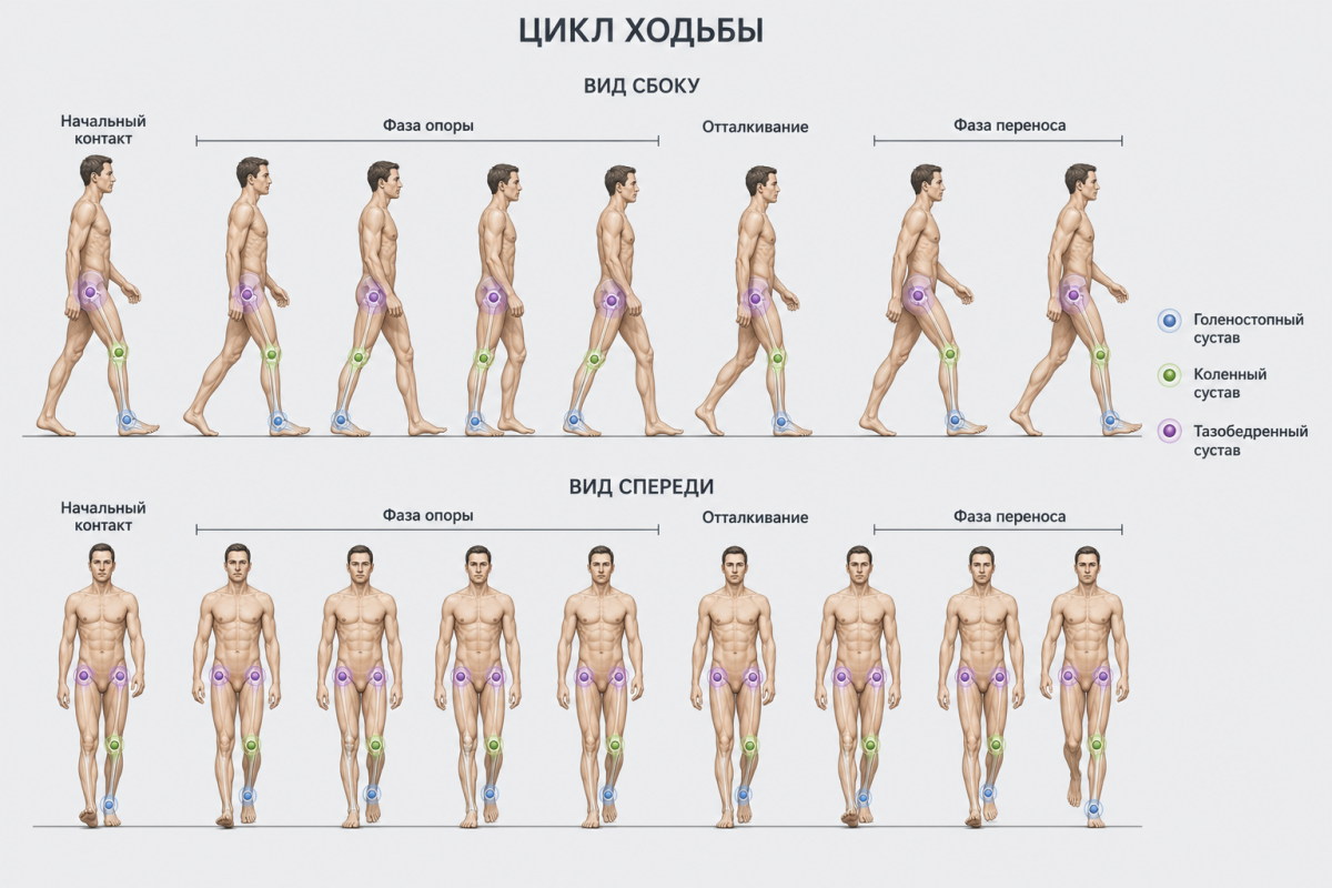 Анатомическая схема фаз цикла шага: опора, перенос и ключевые суставы