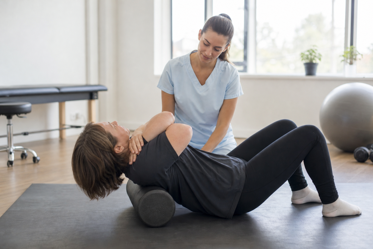Пациент выполняет МФР грудного отдела на foam roller под контролем реабилитолога