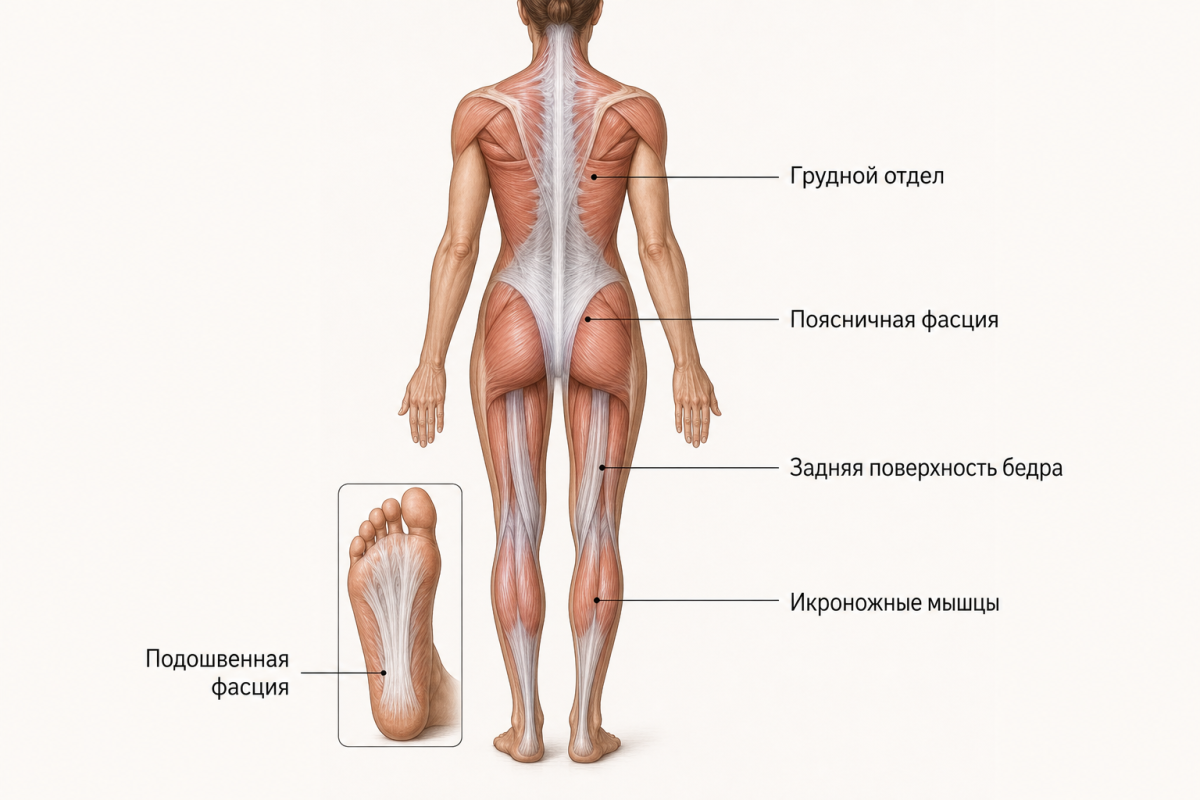 Анатомия задней фасциальной цепи: от стопы до шеи — схема МФР