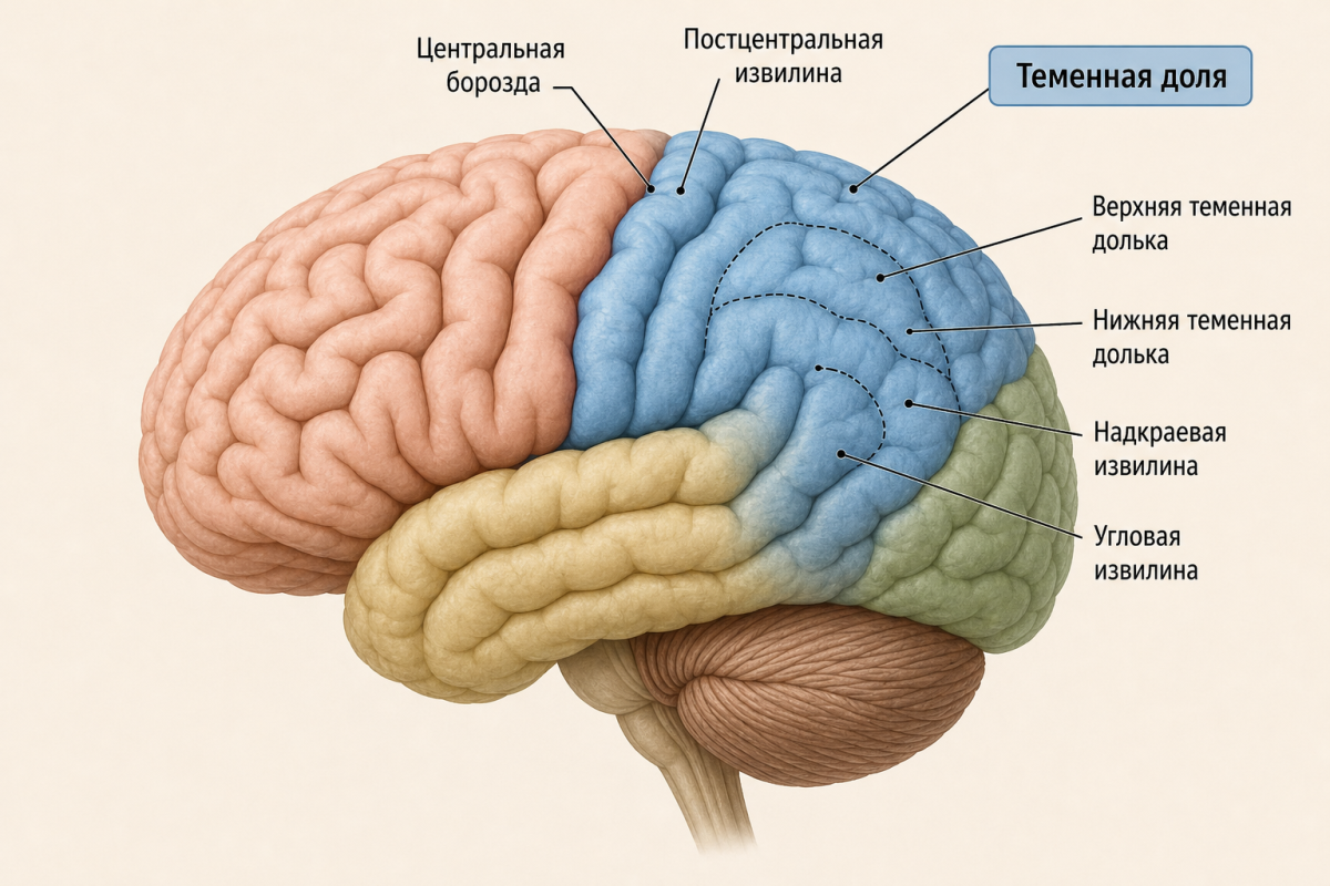 Анатомическая иллюстрация теменной доли мозга с подписями основных структур
